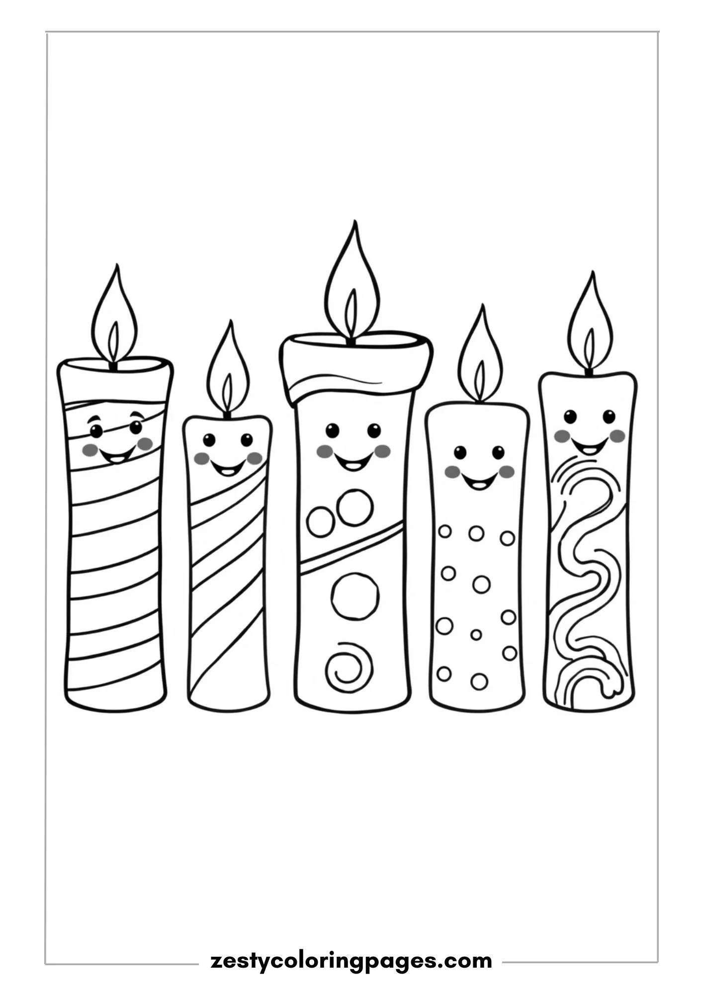 A Row of Five Different Candles with Swirly Wax and Smiling Faces Coloring Page