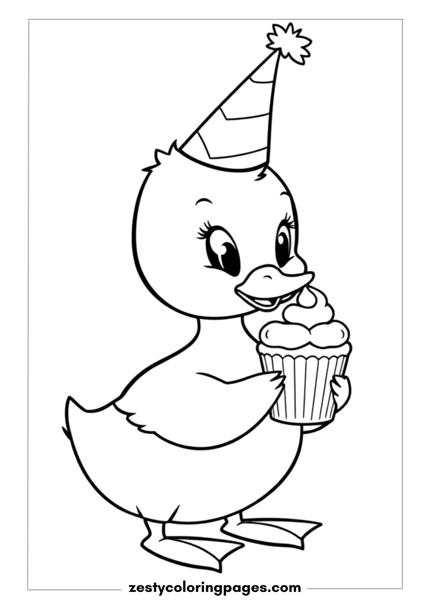 Baby Duck Wearing a Tiny Party Hat and Holding a Cupcake Coloring Page