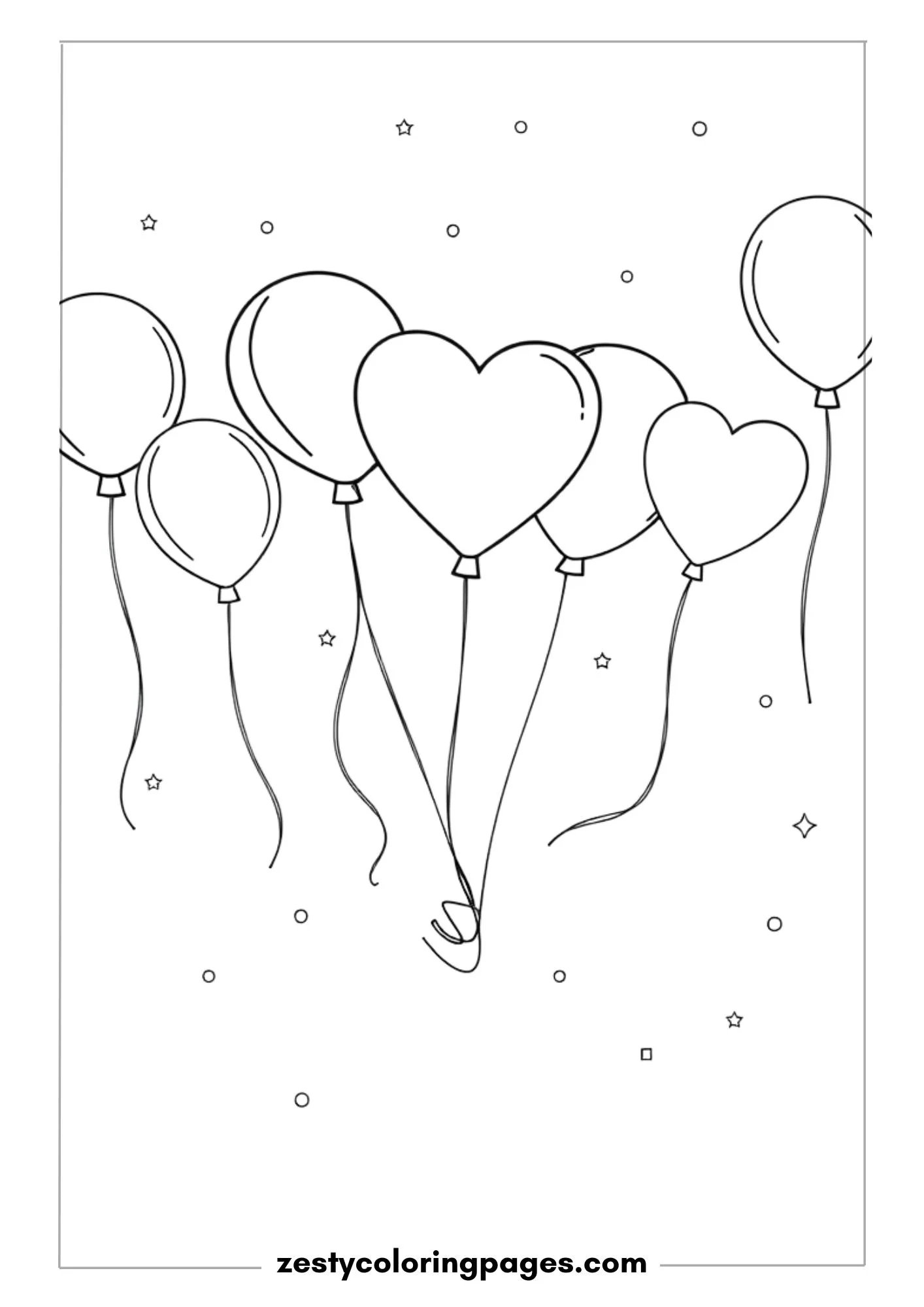Balloons Floating in the Sky with Tiny Stars and Confetti Coloring Page