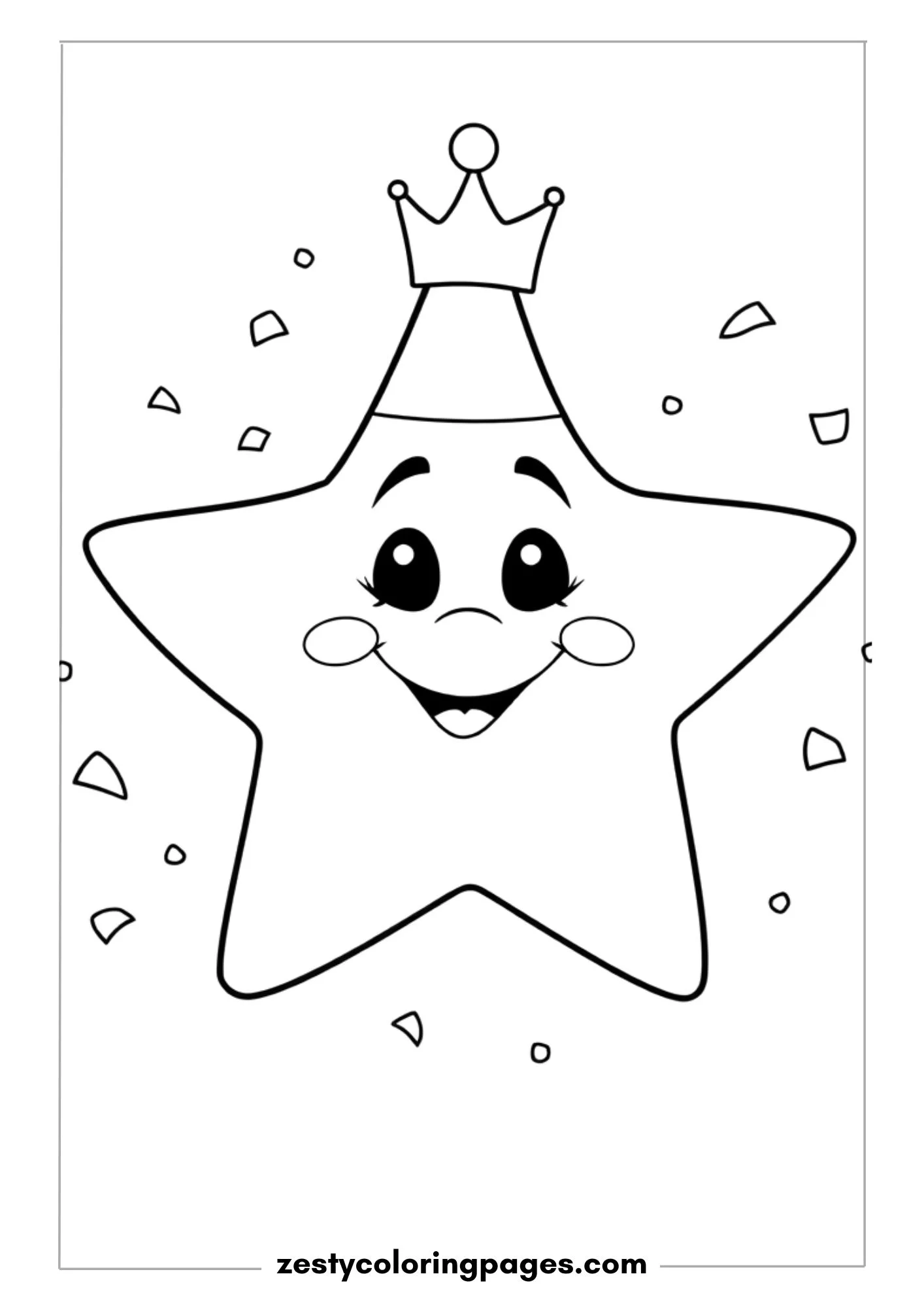 Big Smiling Star Wearing a Birthday Crown and Surrounded by Confetti Coloring Page