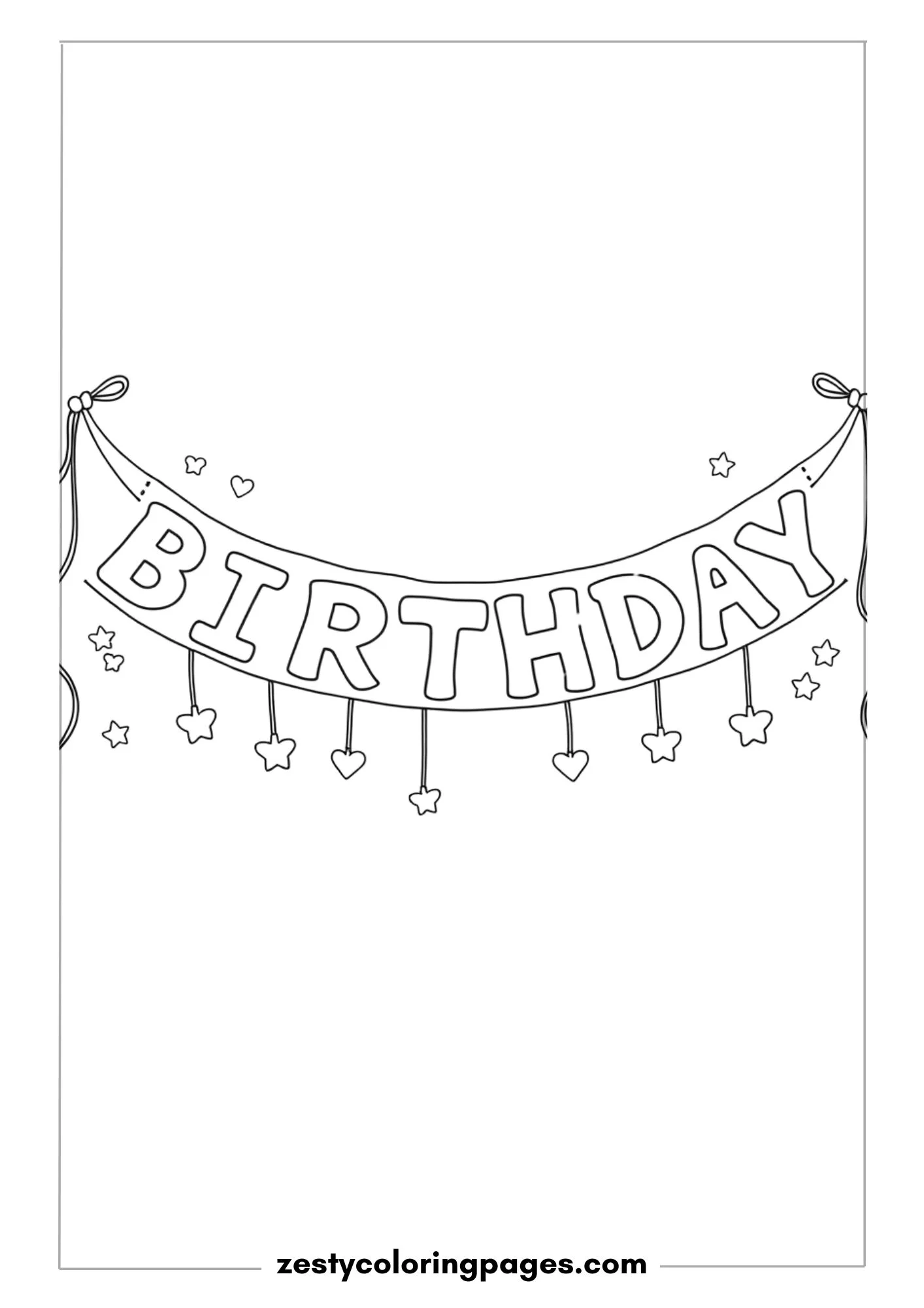 Birthday Banner with Dangling Stars, Hearts, and Ribbons Coloring Page