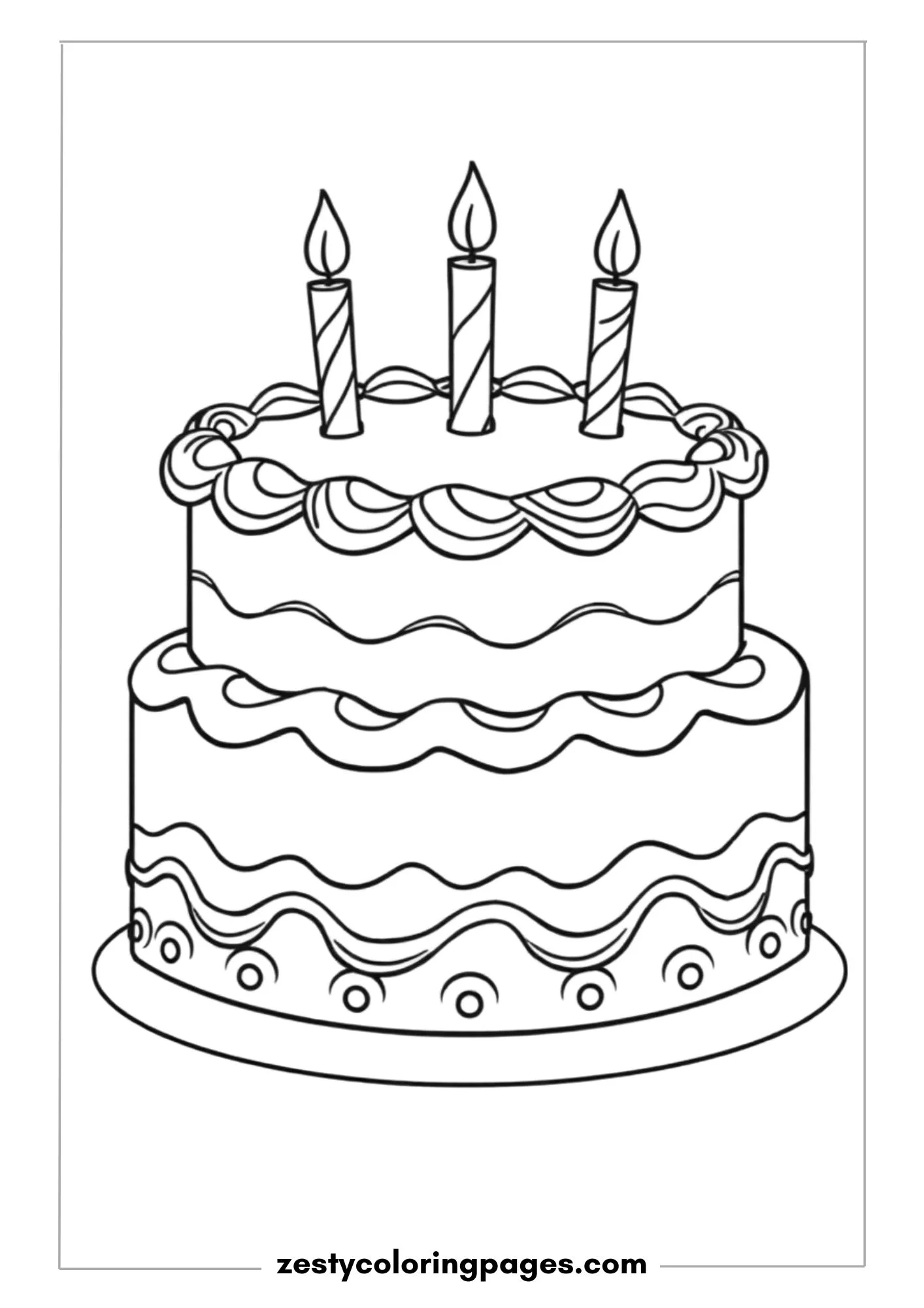 Birthday Cake with Wavy Frosting, Candles, and a Decorative Border Coloring Page