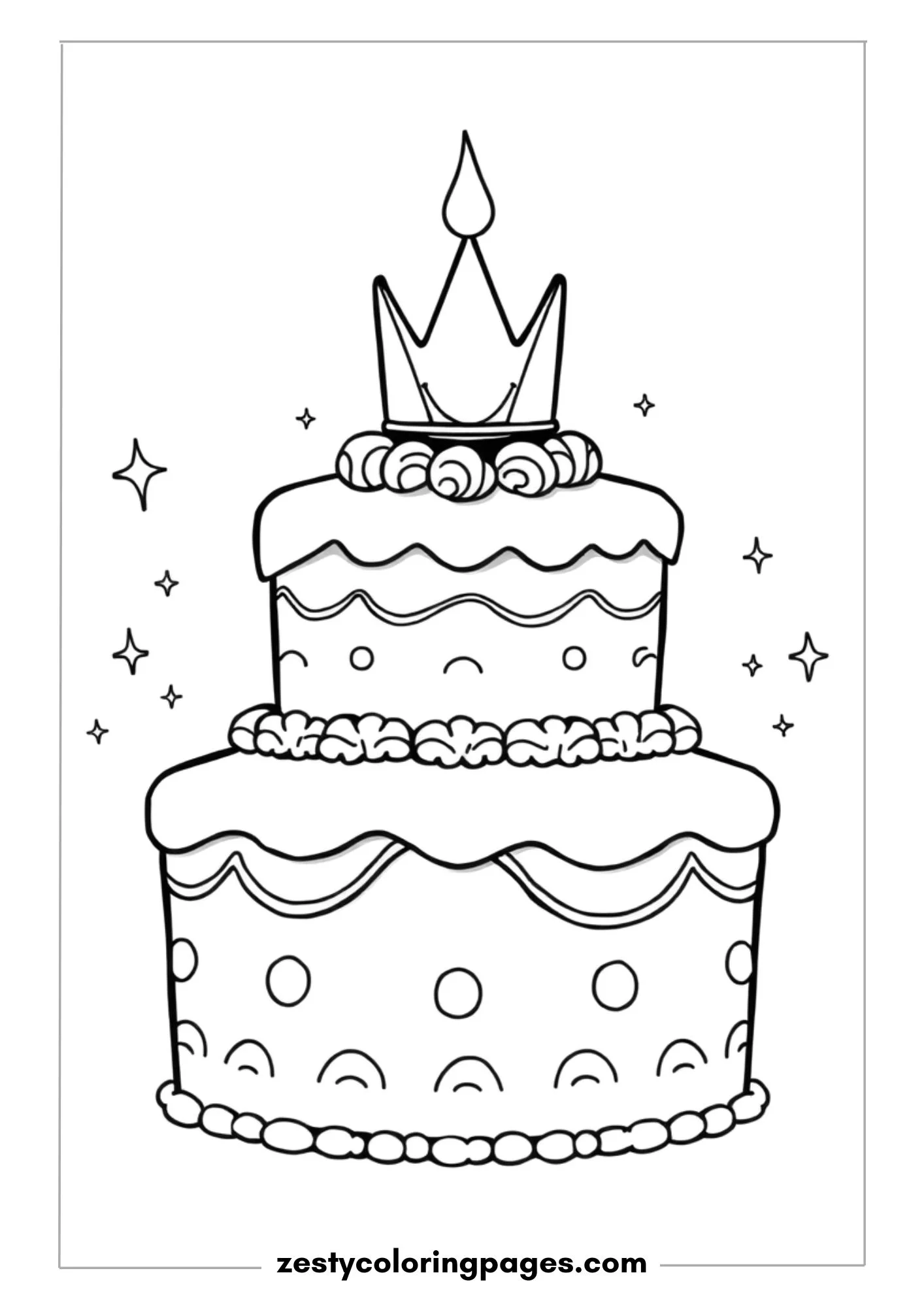 Birthday Cake with a Crown and Sparkles Around it Coloring Page
