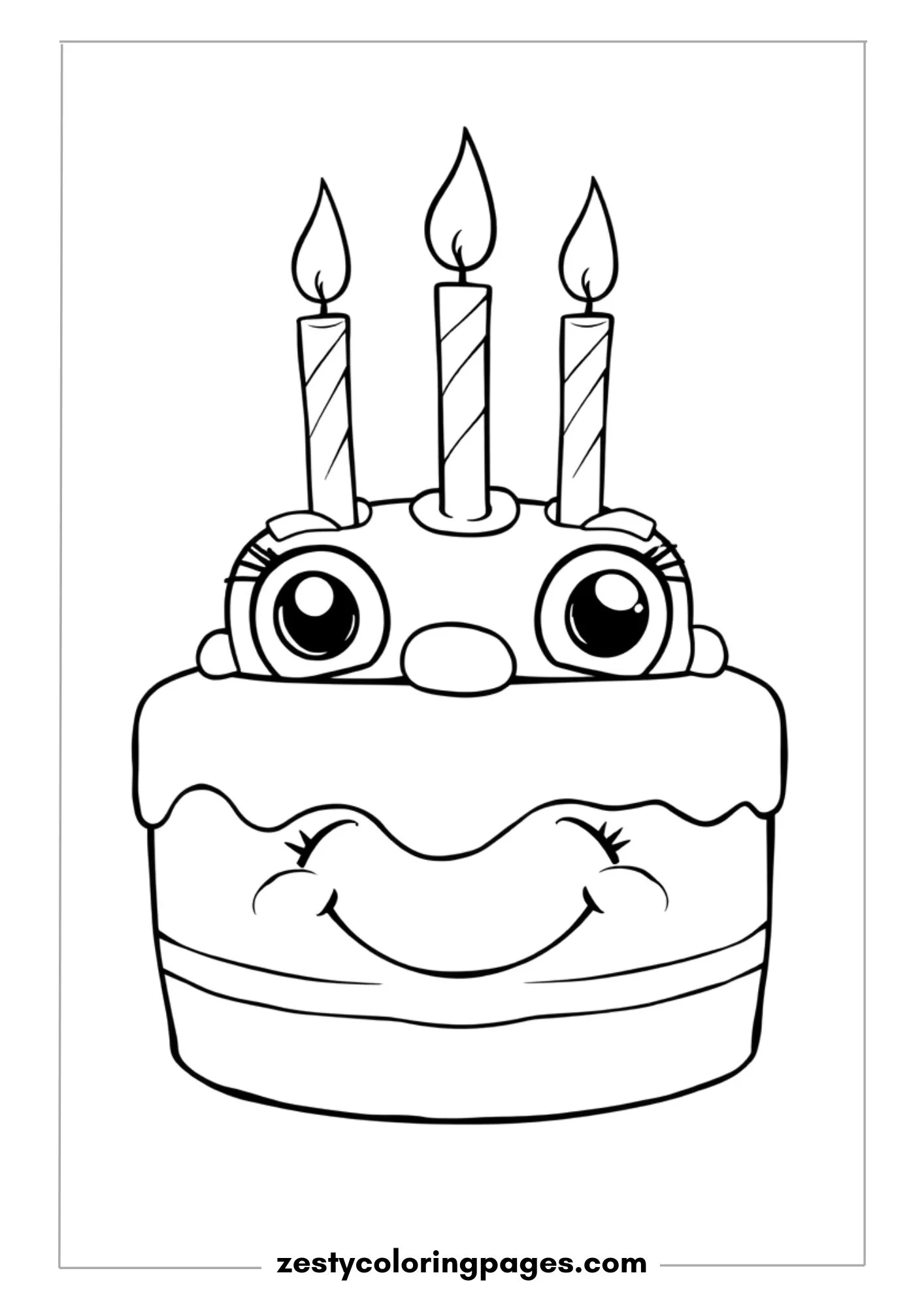 Birthday Cake with a Face and Lit Candles on Top Coloring Page