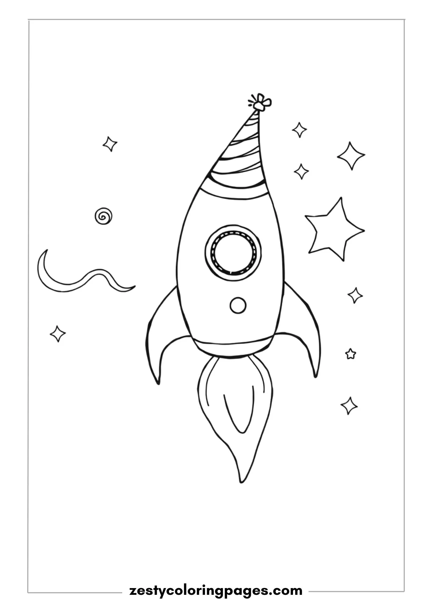 Cartoon Rocket with a Party Hat, Blasting Off with Streamers and Stars Coloring Page