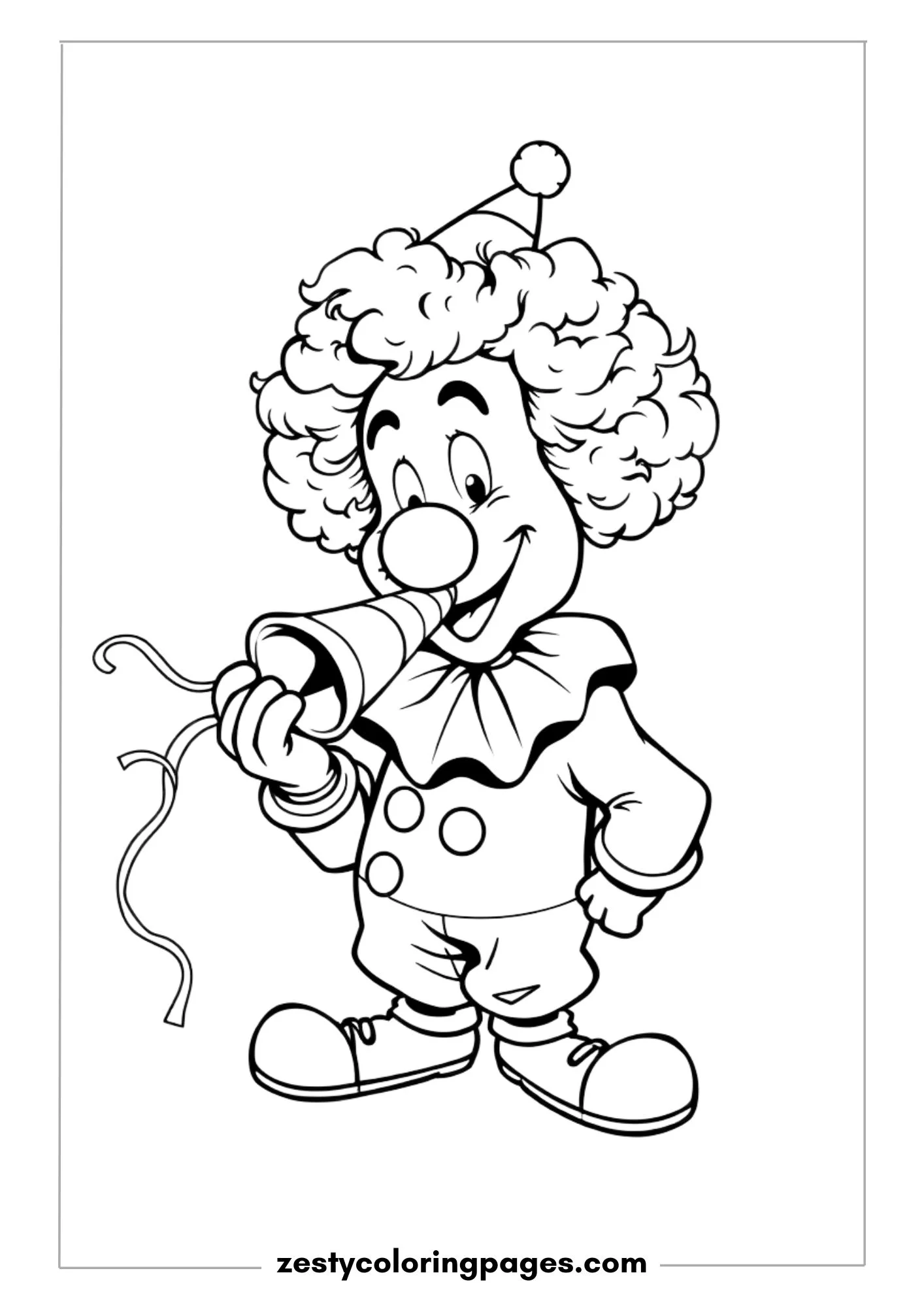 Clown Blowing a Party Horn with Streamers Coming Out Coloring Page