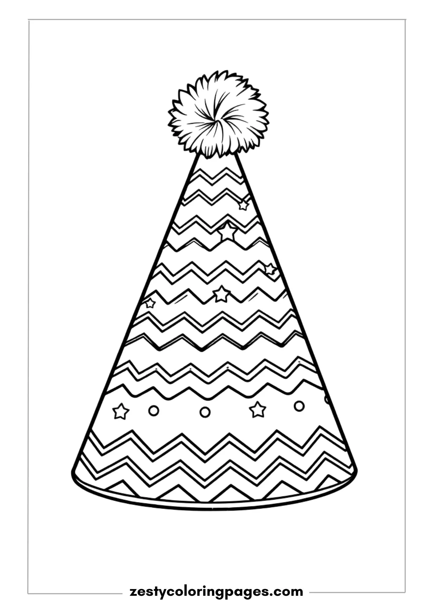 Cone-Shaped Party Hat with a Zigzag and Star Pattern Coloring Page