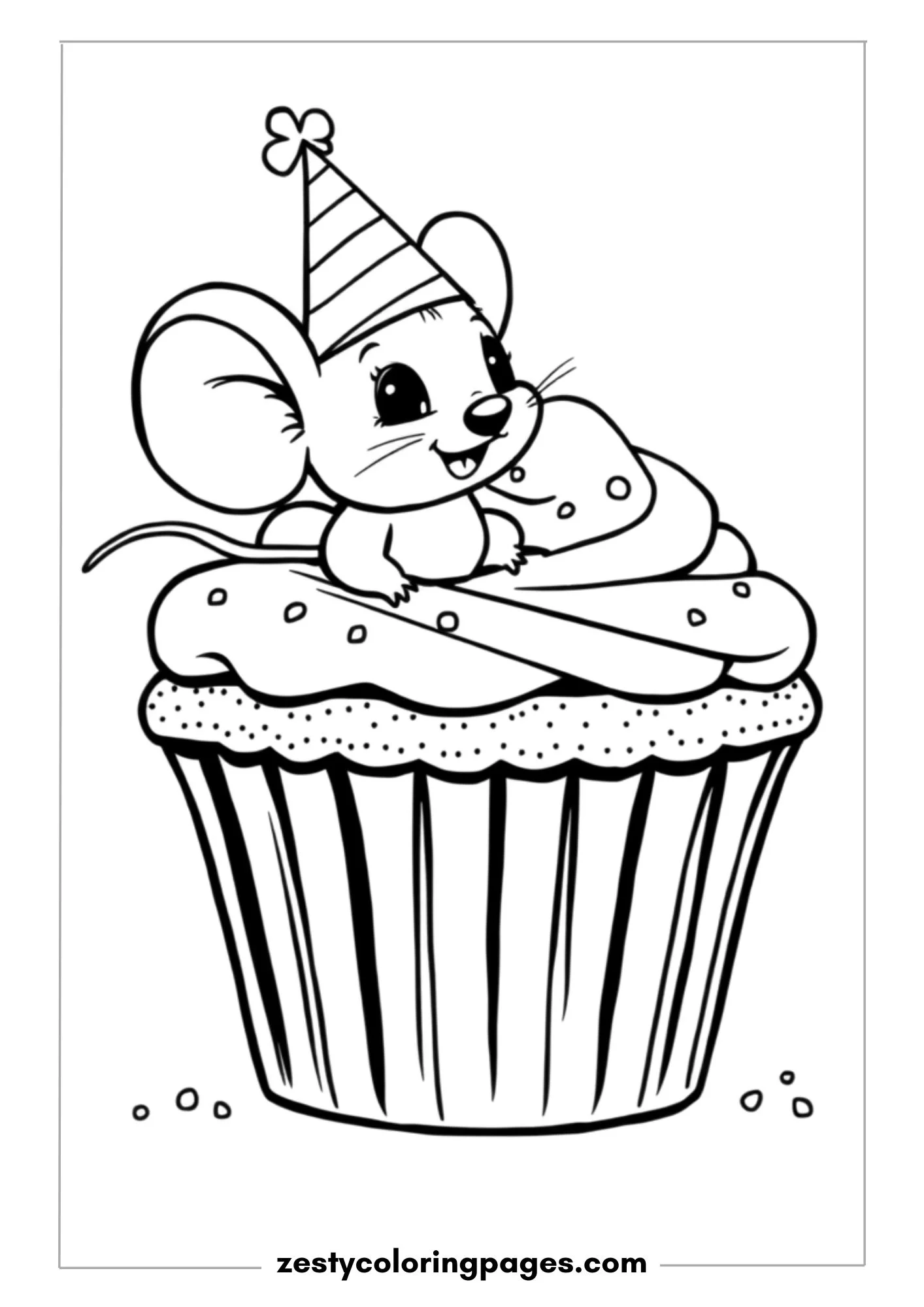 Cute Mouse Wearing a Party Hat, Sitting on a Giant Cupcake Coloring Page