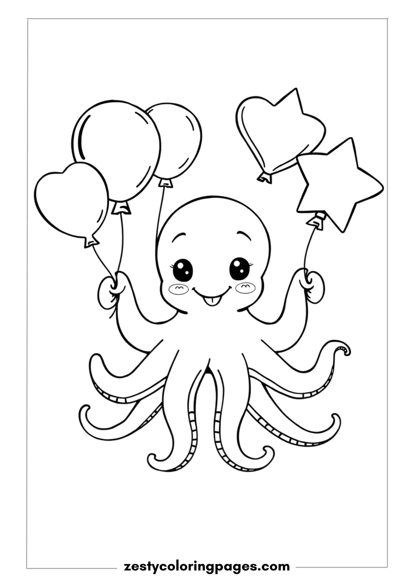 Cute Octopus Holding Multiple Balloons with Different Shapes Coloring Page