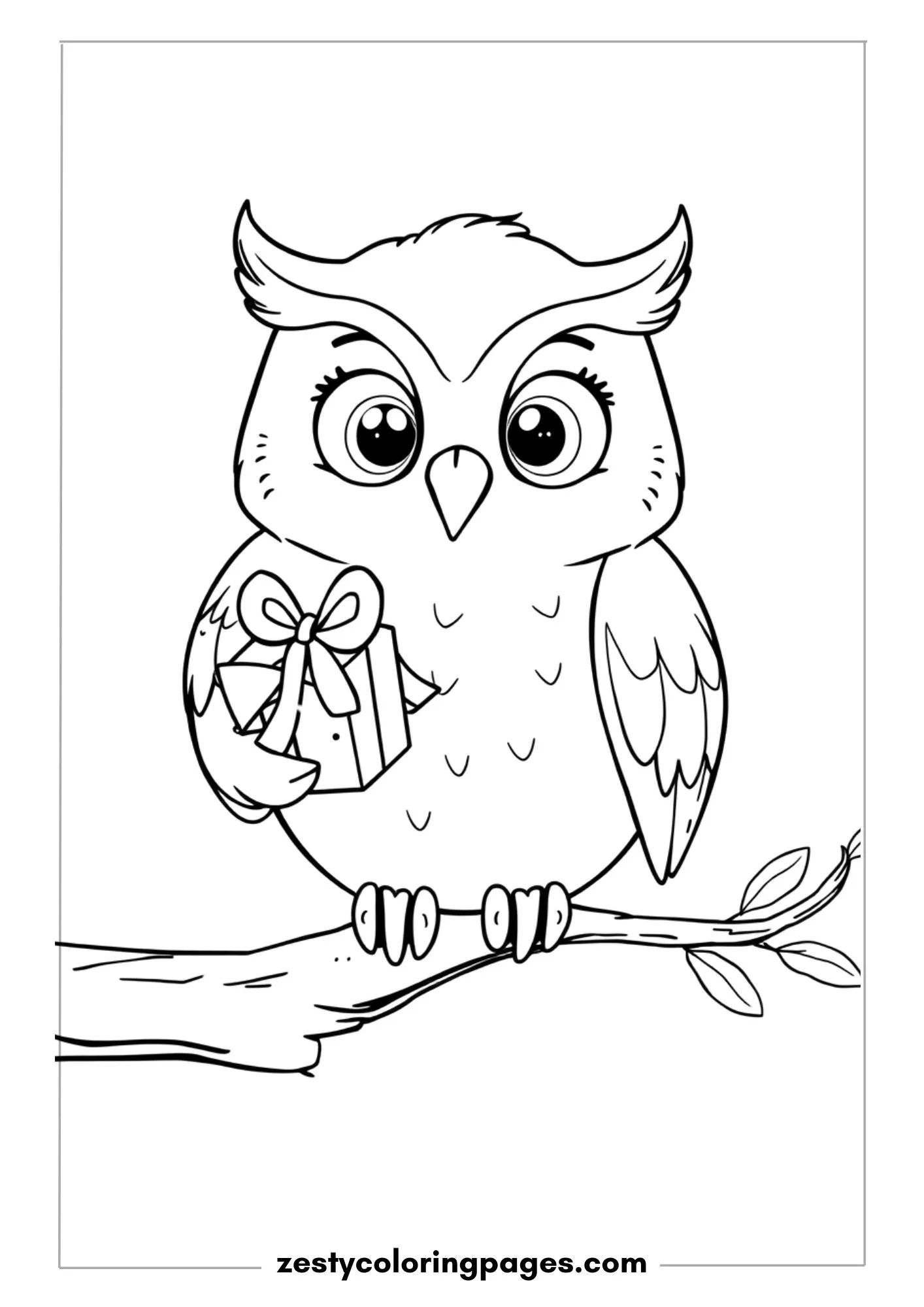 Cute Owl Sitting on a Branch, Holding a Tiny Birthday Gift in One Wing Coloring Page