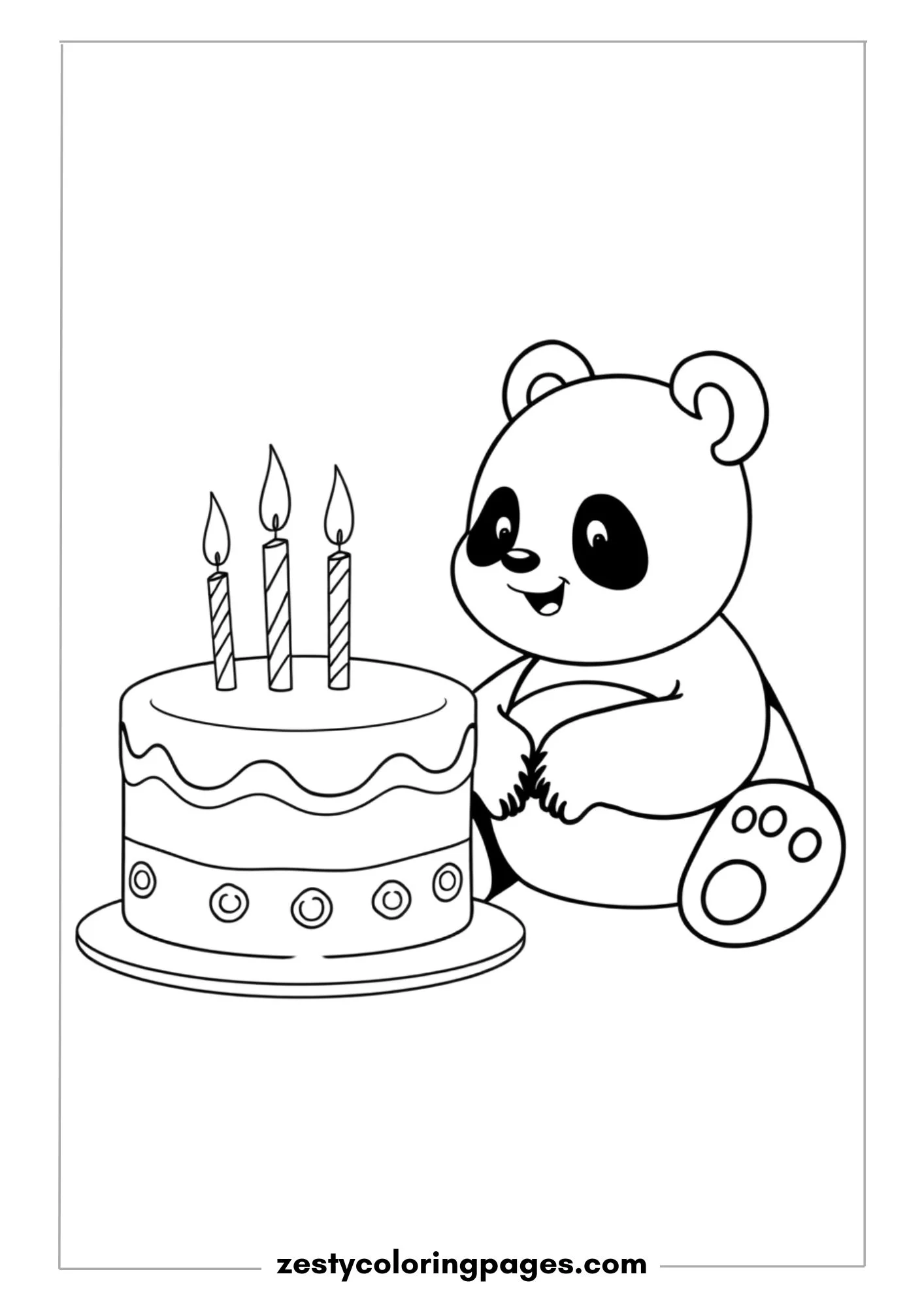 Cute Panda Sitting Next to a Big Birthday Cake with Lit Candles Coloring Page