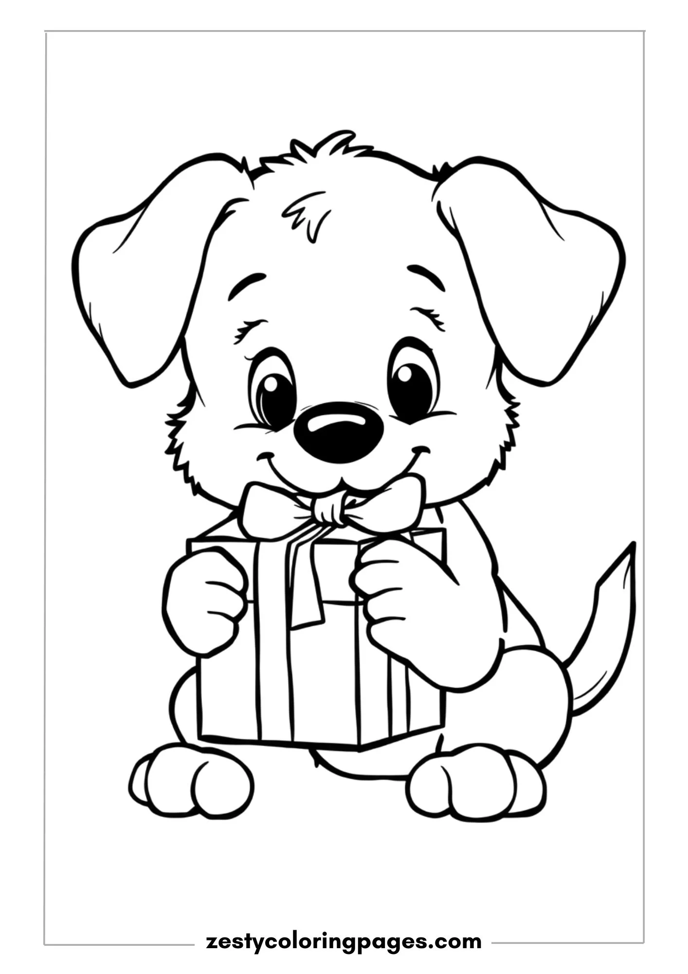 Cute Puppy Holding a Gift Box in its Mouth Coloring Page