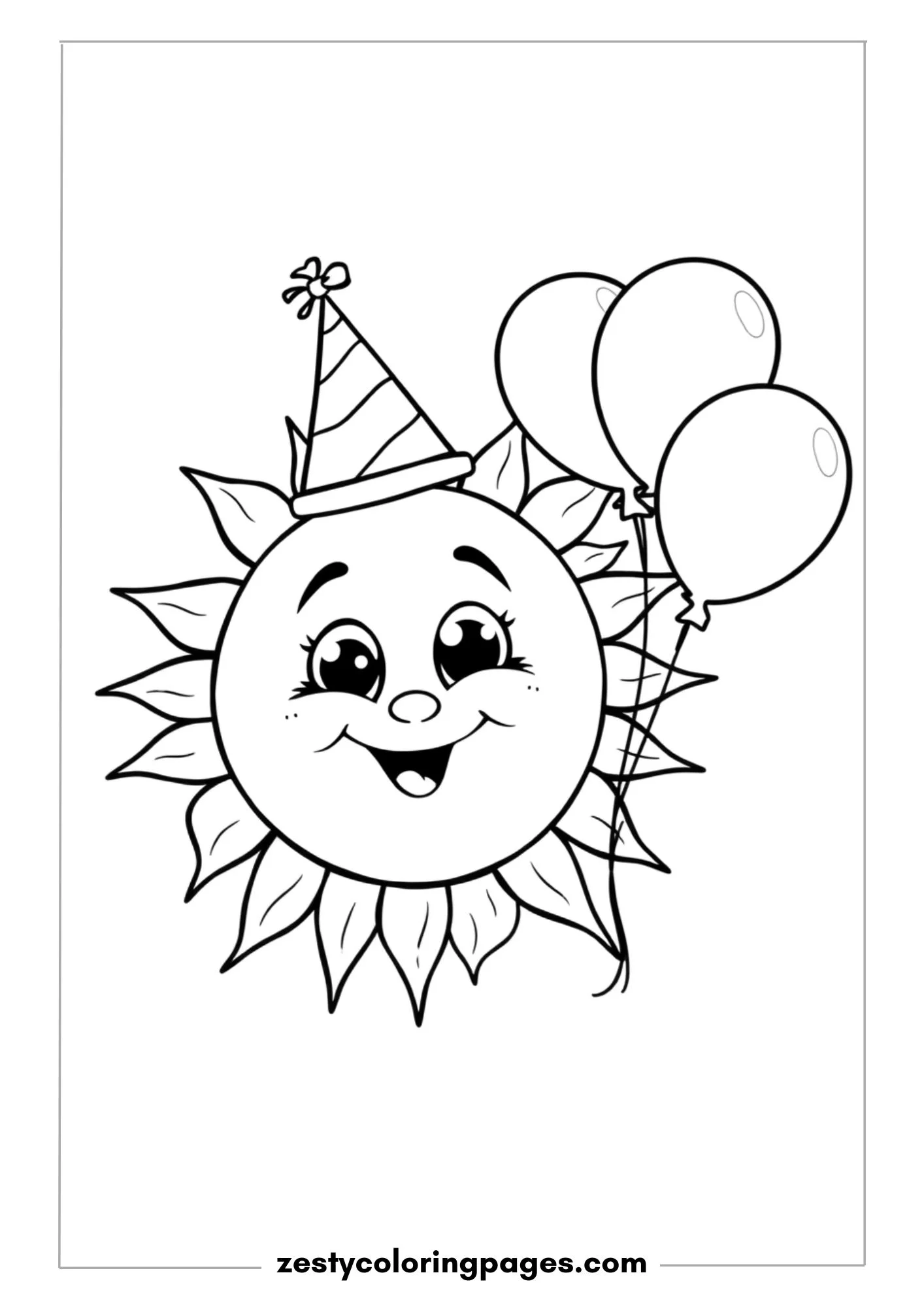 Cute Smiling Sun with a Party Hat and Balloons Coloring Page