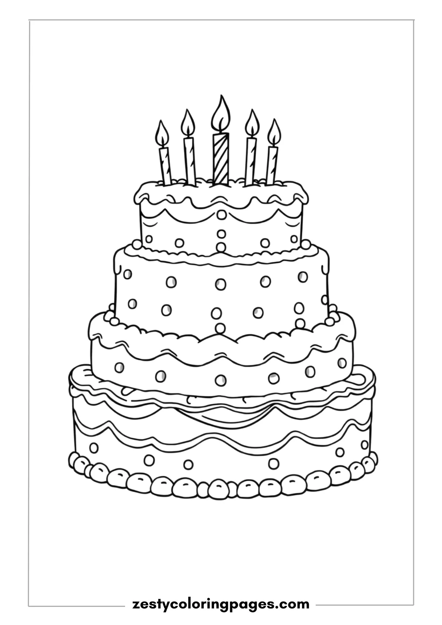 Giant Layered Birthday Cake with Swirls and Candles Coloring Page
