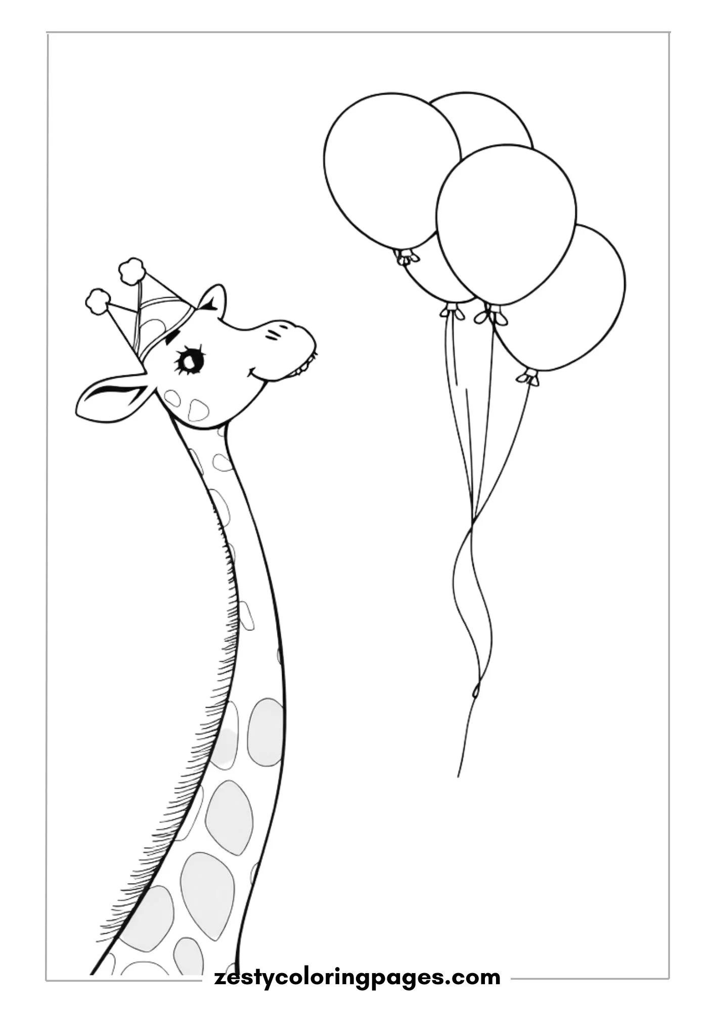 Giraffe with a Long Neck, Party Hat, and Floating Balloons Coloring Page
