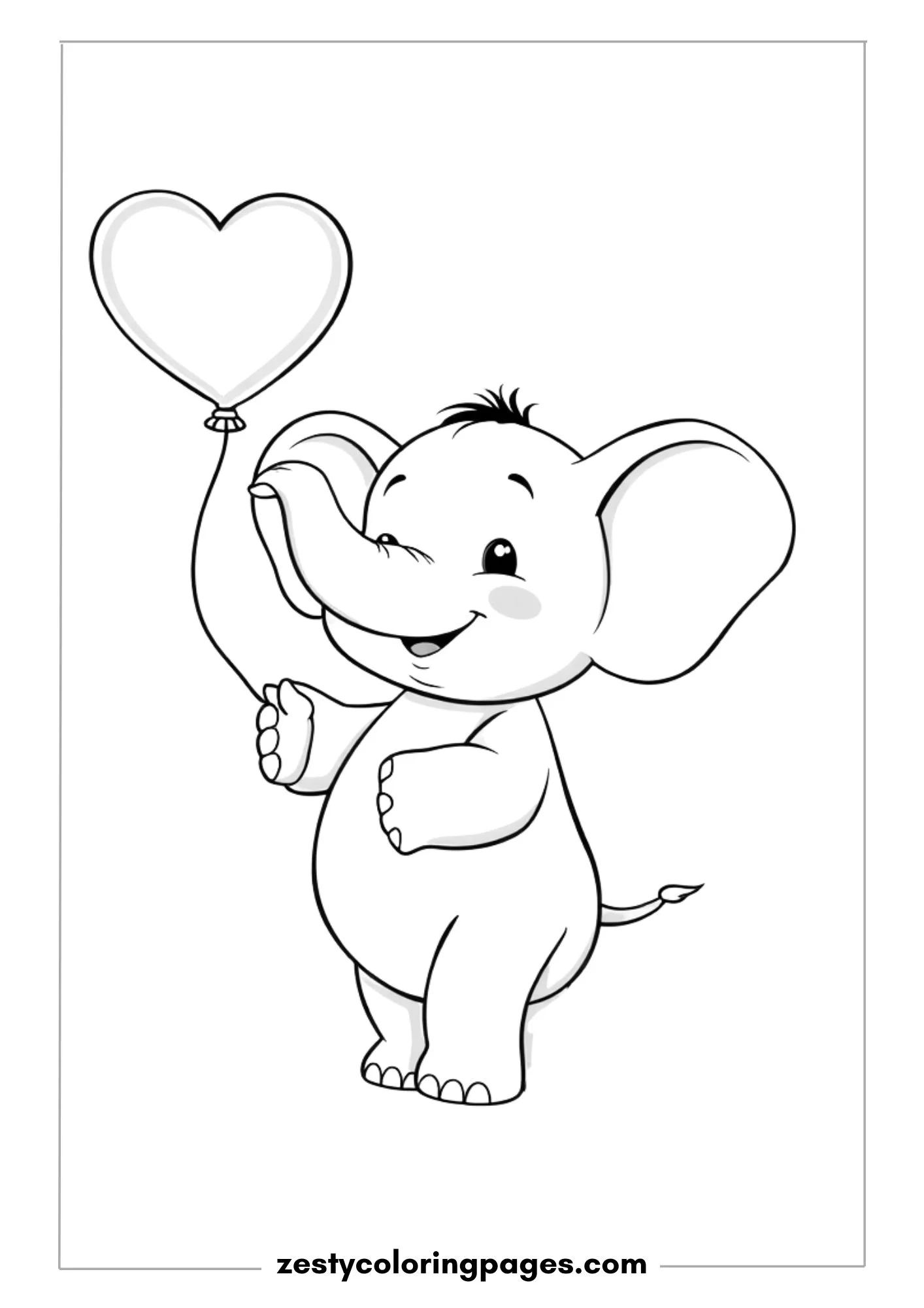 Happy Baby Elephant Holding a Heart-Shaped Balloon in Its Hand Coloring Page