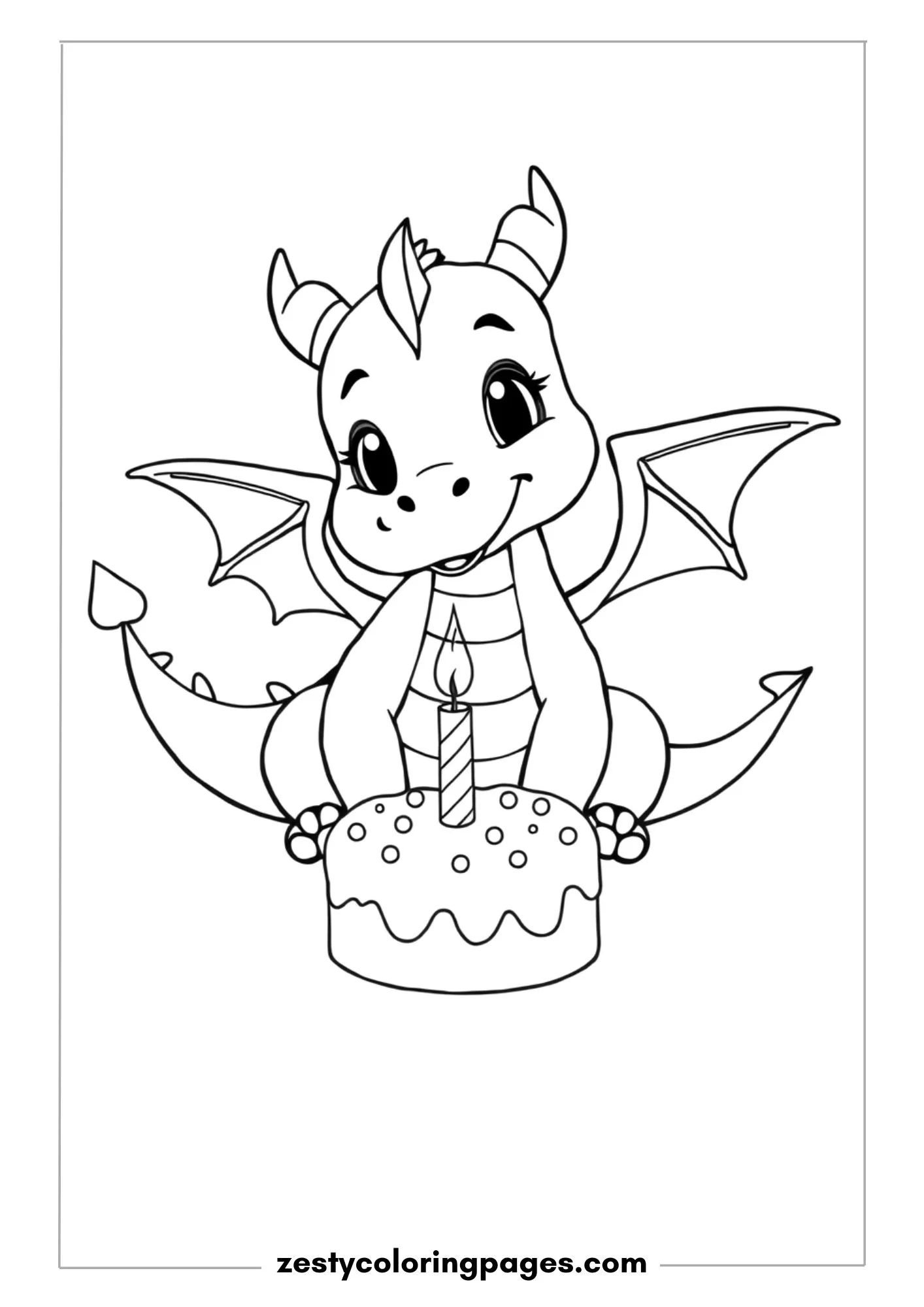 Happy Dragon Blowing Out a Birthday Candle with a Puff of Air Coloring Page