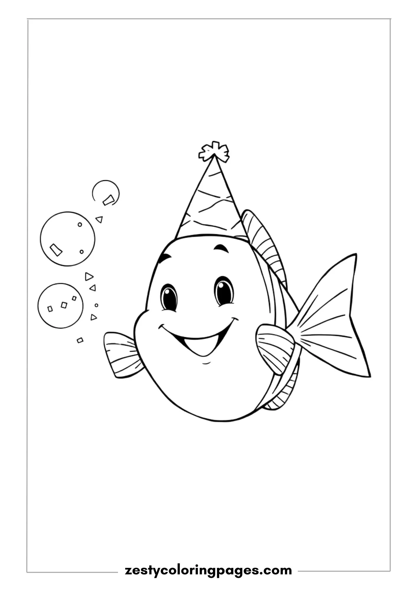 Happy Fish Wearing a Party Hat, Blowing Bubbles with Confetti Inside Coloring Page