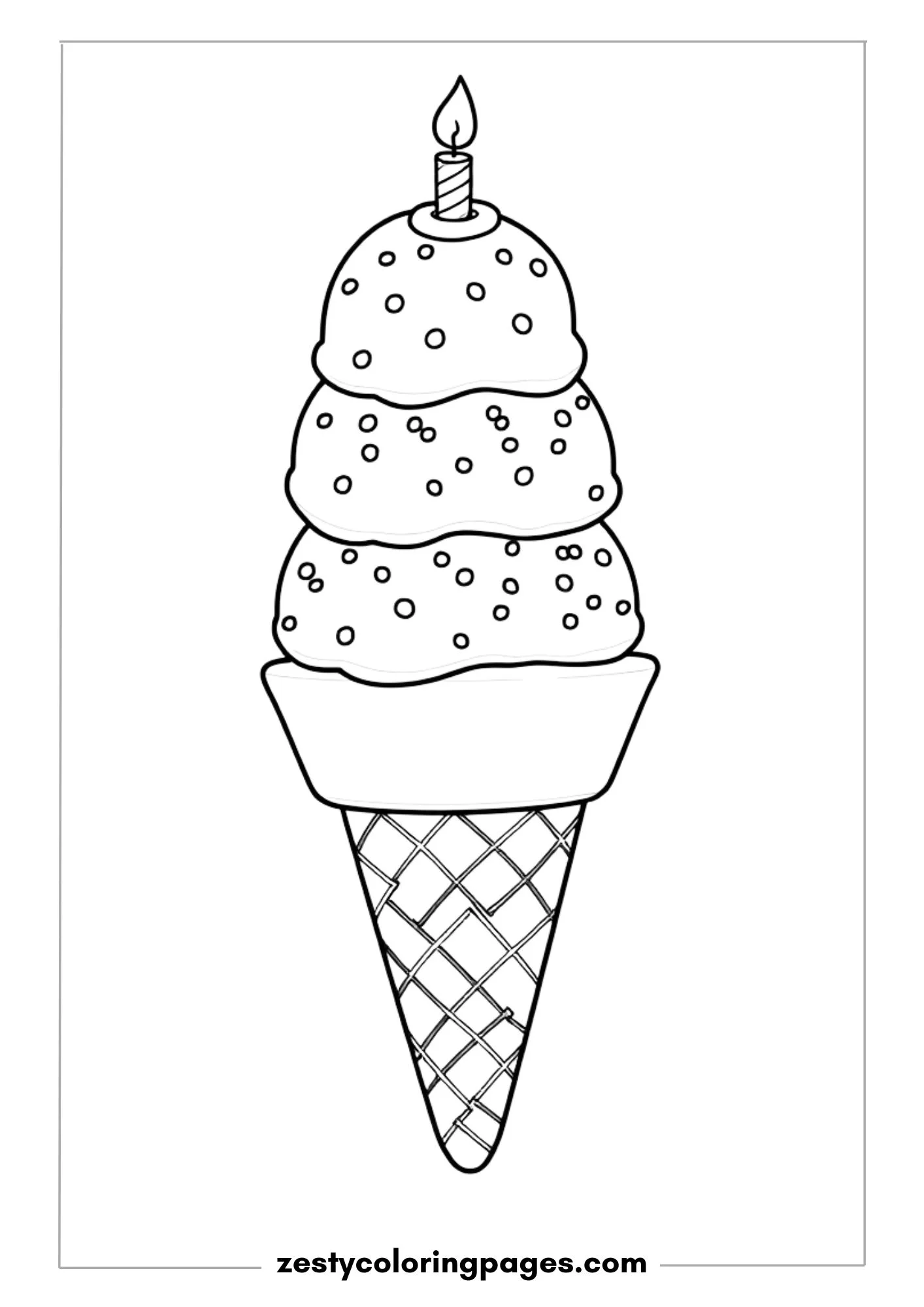 Ice Cream Cone with Three Scoops, Sprinkles, and a Lit Candle on Top Coloring Page