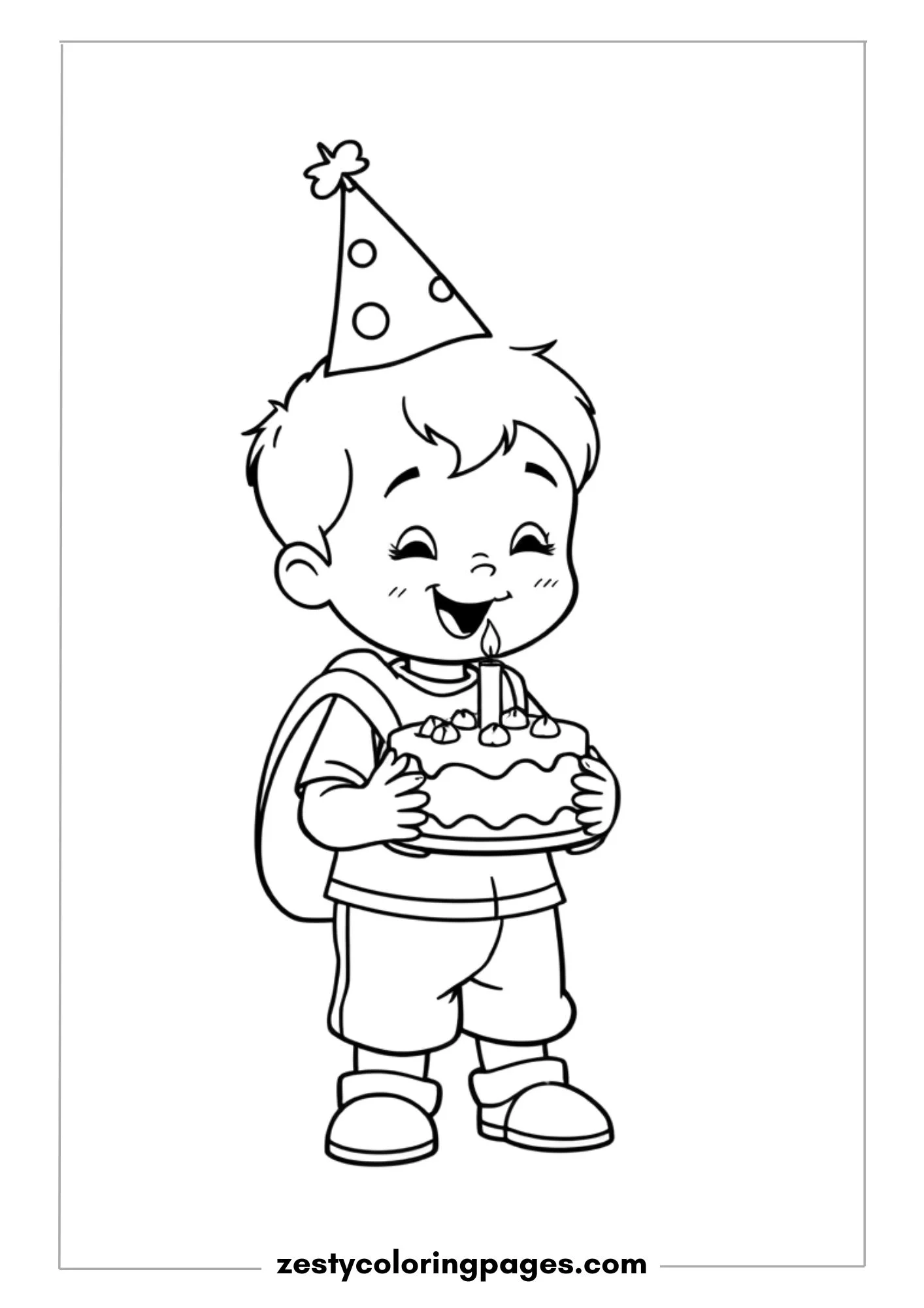 Little Boy Wearing a Party Hat and Carrying a Birthday Cake Coloring Page