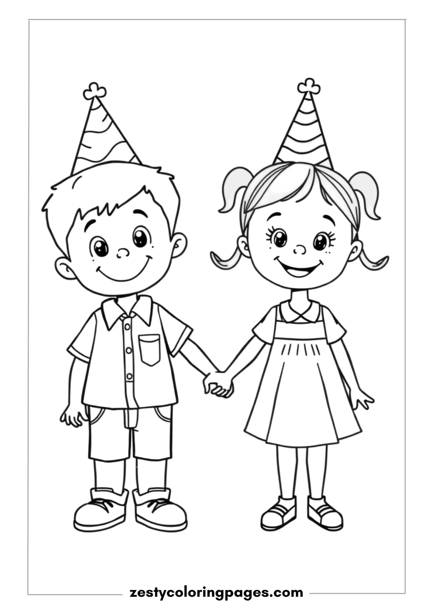 Little Boy and Girl Holding Hands, Wearing Party Hats Coloring Page