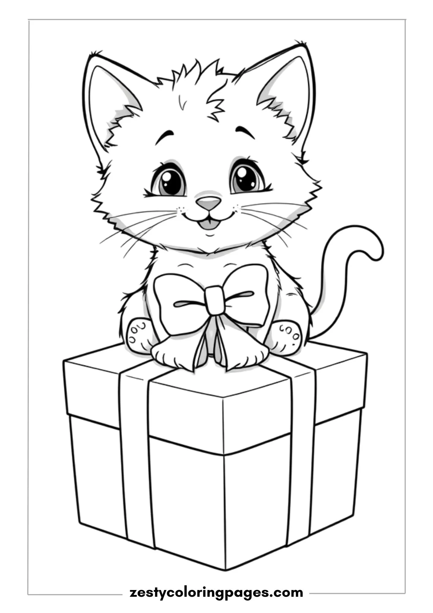 Playful Kitten Sitting on a Wrapped Present with a Bow Coloring Page