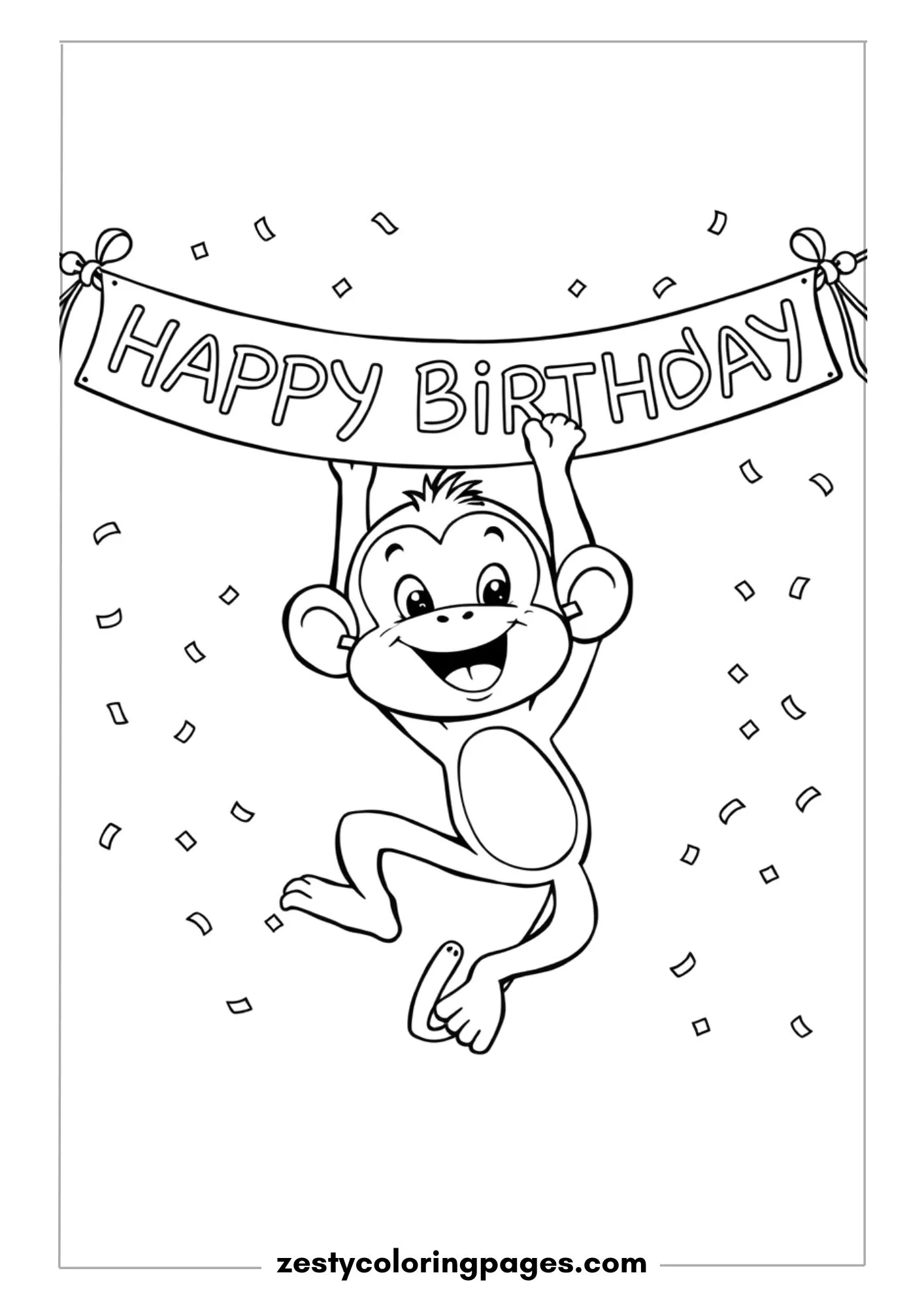 Playful Monkey Hanging from a Party Banner with Confetti Falling Coloring Page