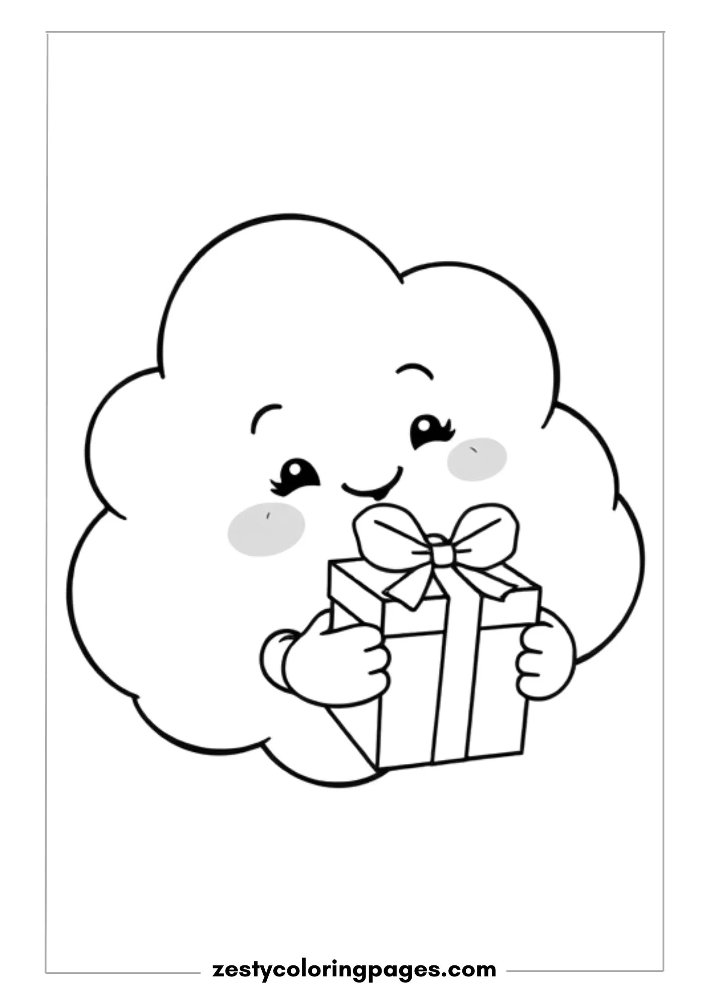 Smiling Cloud Holding a Wrapped Present with a Ribbon Coloring Page