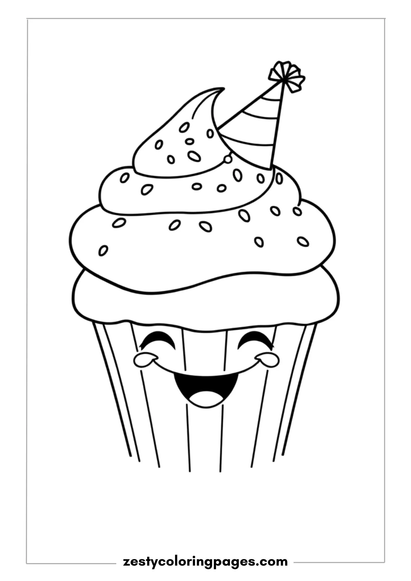 Smiling Cupcake with Big Frosting and a Party Hat Coloring Page