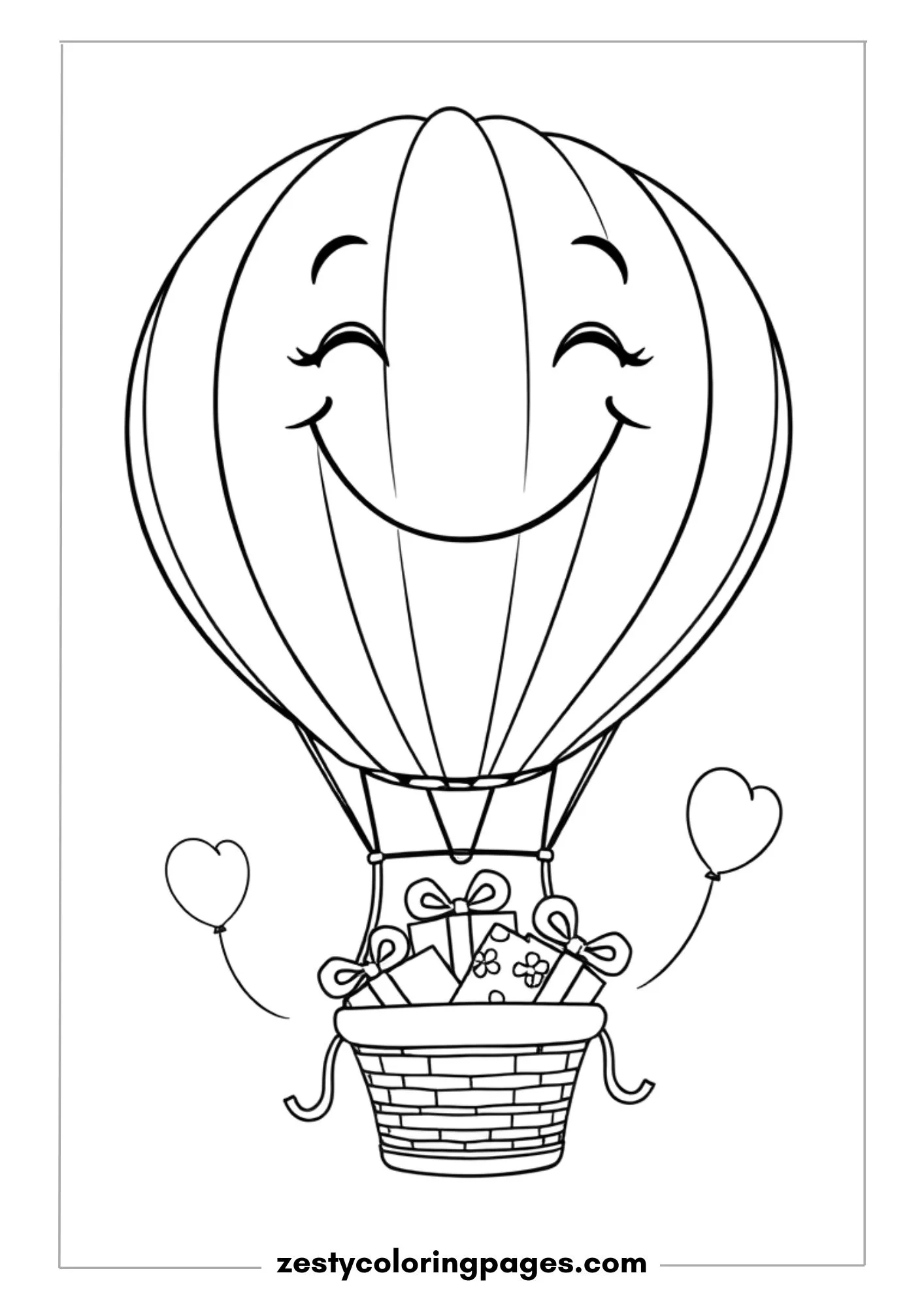 Smiling Hot Air Balloon with a Basket Full of Gifts and Balloons Coloring Page