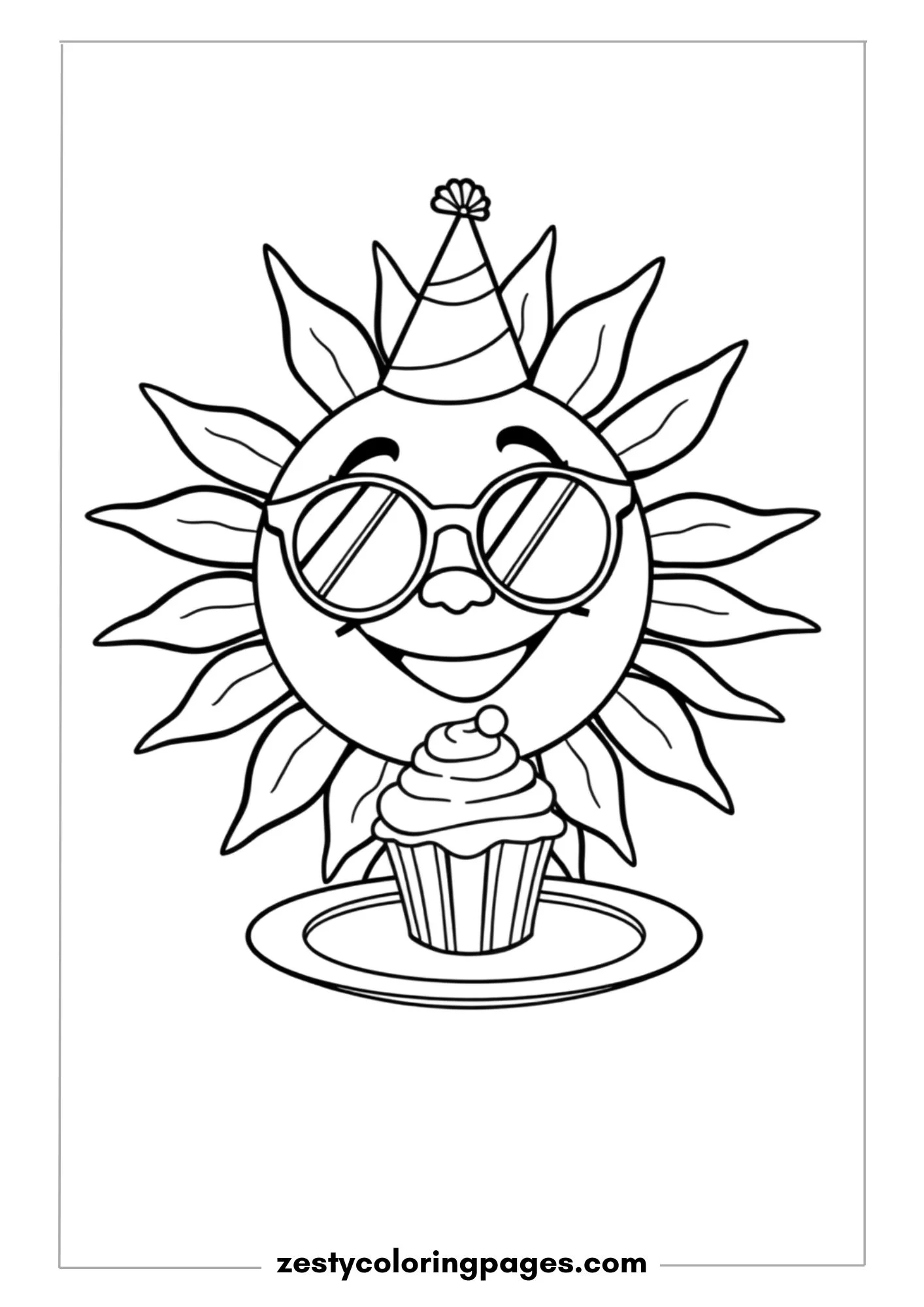 Smiling Sun with Sunglasses, Party Hat, and a Cupcake on a Plate Coloring Page