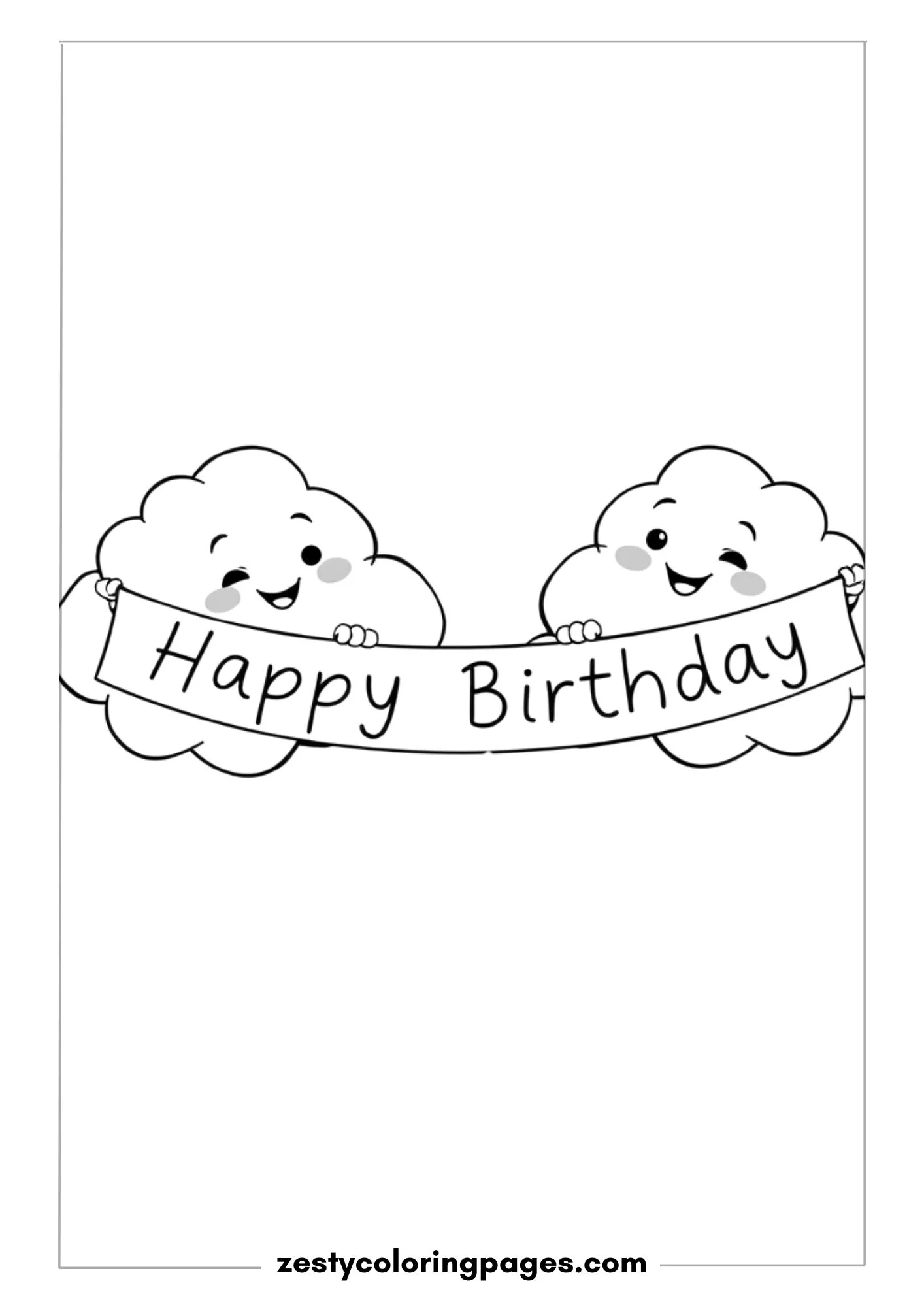 Two Friendly Clouds Holding a Happy Birthday Banner Coloring Page