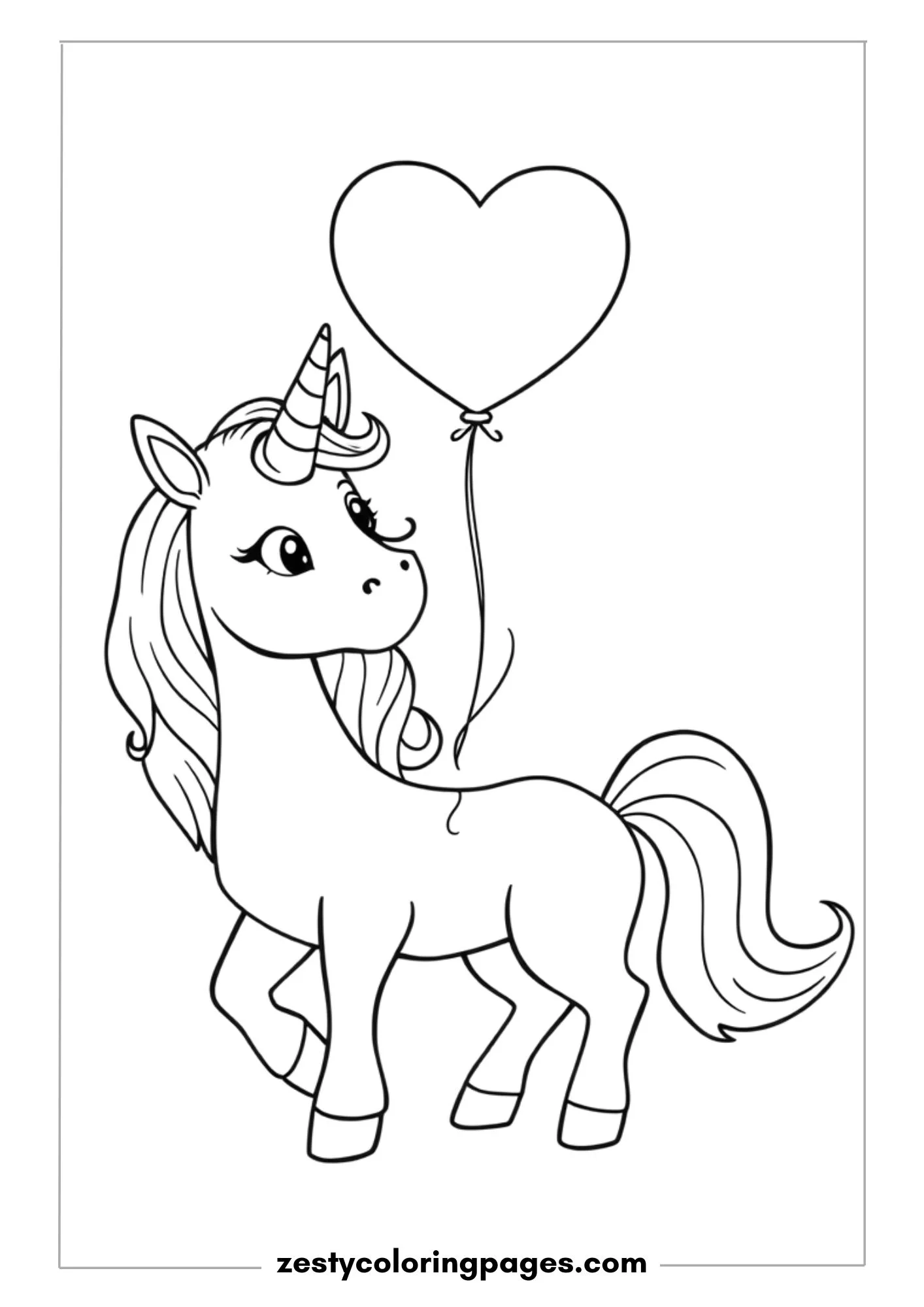 Unicorn with a Flowing Mane Holding a Heart-Shaped Balloon Coloring Page